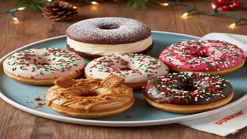 Whoopie Pie, Strawberry Frosted with Holiday Sprinkles, Vanilla Frosted with Holiday Sprinkles, Chocolate Frosted with Holiday Sprinkles, and Cookie Butter donuts 