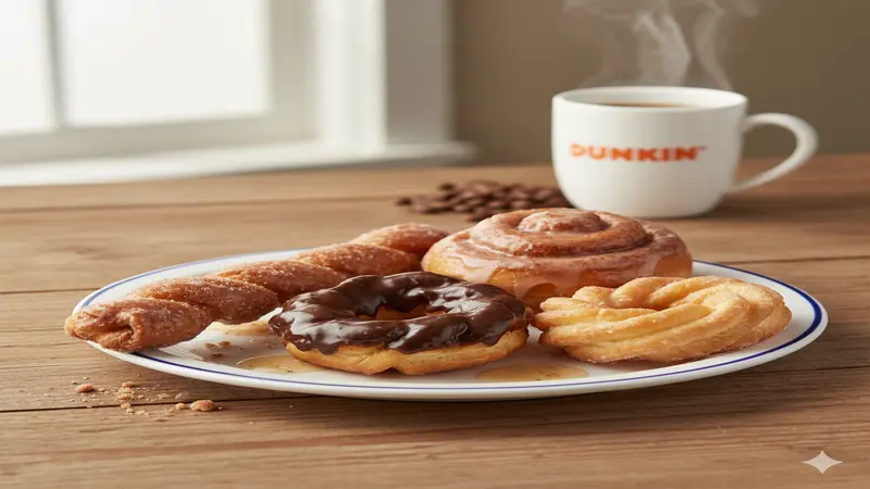 Dunkin Cinnamon Stick, Chocolate Dipped French Cruller, French Cruller, and Coffee Roll