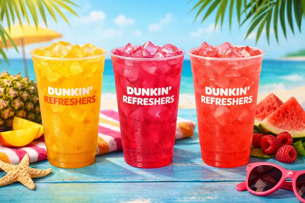 Dunkin Refreshers Menu: Flavors & Prices in 2026 1 Dunkin Refreshers menu flavors including Mango Pineapple, Strawberry Dragonfruit and Raspberry Watermelon drinks