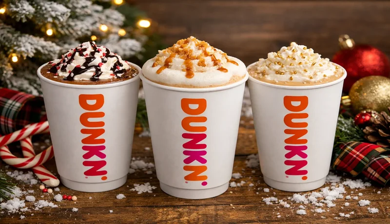 Dunkin Donuts Christmas Menu 2025: Drinks, Donuts & Prices 2 Dunkin Donuts Christmas drinks including Peppermint Mocha and Cookie Butter Cloud Latte