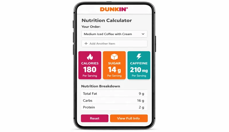Dunkin Donuts nutrition calculator tool showing calories sugar caffeine on screen 