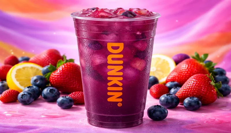 Berry Acai Refresher Dunkin spring menu drink with fruity iced beverage