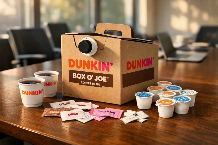 Dunkin Donuts Box O Joe coffee box with cups and accessories on office table
