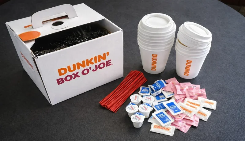 What is included in Dunkin Donuts Box'O Joe cups lids sugar and creamers