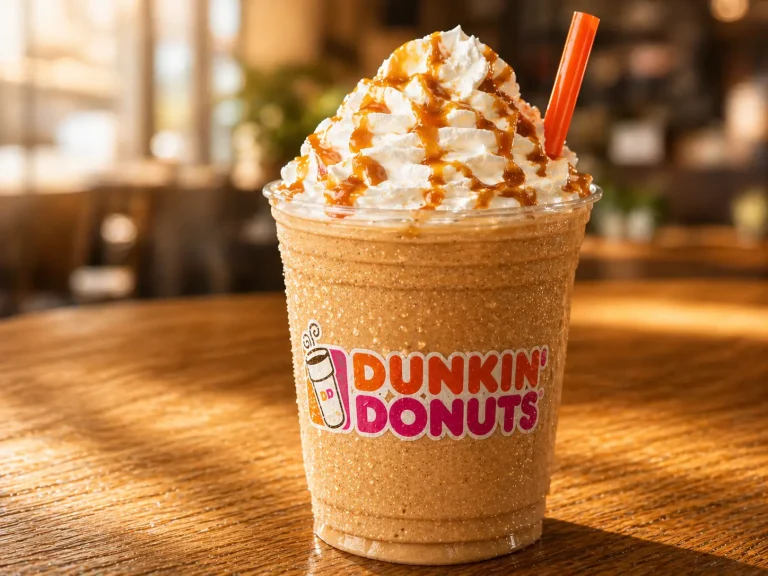 Caramel dunkin donuts frozen drinks with whipped cream and caramel drizzle