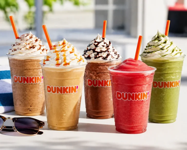 Dunkin Donuts frozen drinks menu including frozen coffee caramel frappe chocolate, frozen matcha latte and coolatta
