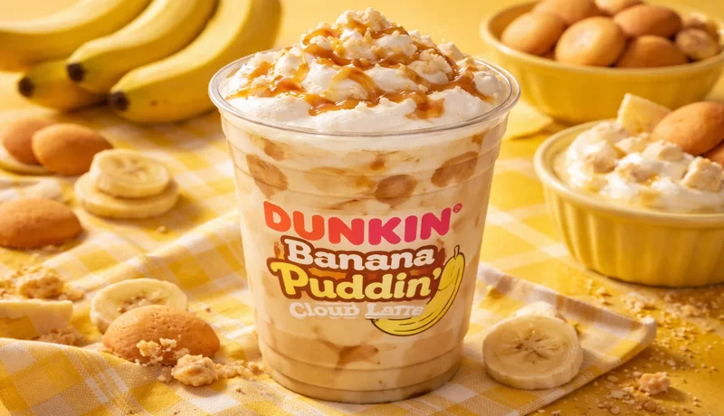 Banana Puddin Cloud Latte Dunkin new menu drink with banana cold foam