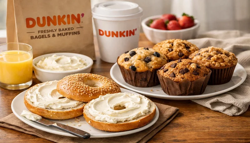 dunkin donuts bagels muffins with cream cheese catering setup