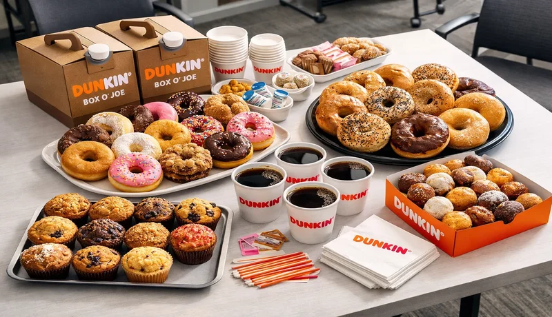 Dunkin Donuts catering menu setup with donuts bagels muffins and coffee box