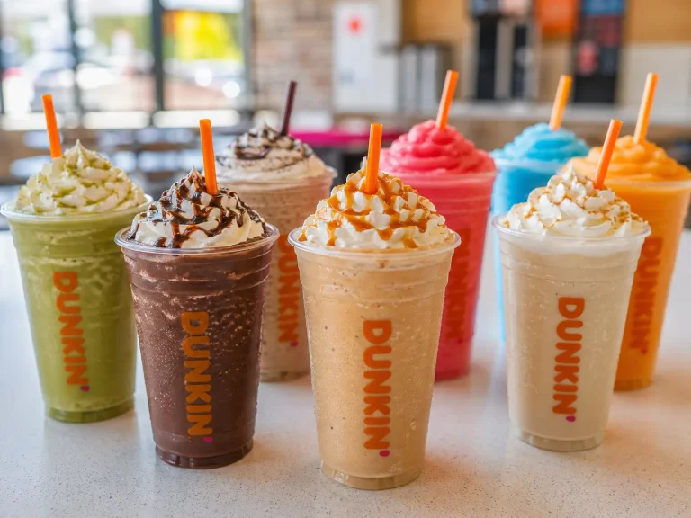 Dunkin Donuts frozen drinks menu featuring coffee caramel chocolate matcha and coolatta drinks