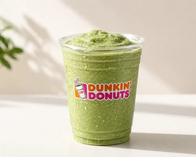 Frozen matcha latte dunkin donuts drink with smooth green texture

