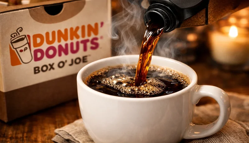 Pouring coffee from Dunkin Donuts Box O Joe showing hot fresh brew