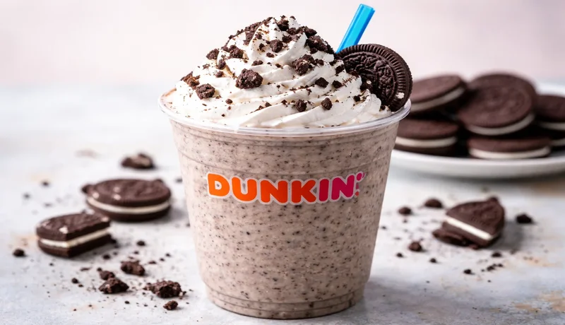 Oreo Coolatta Dunkin summer drink with whipped cream and cookie crumbles