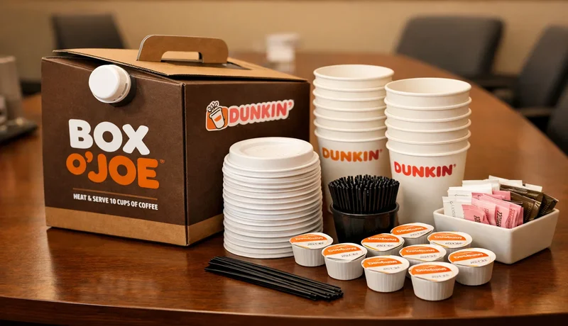 Dunkin donuts coffee box with cups lids and coffee setup