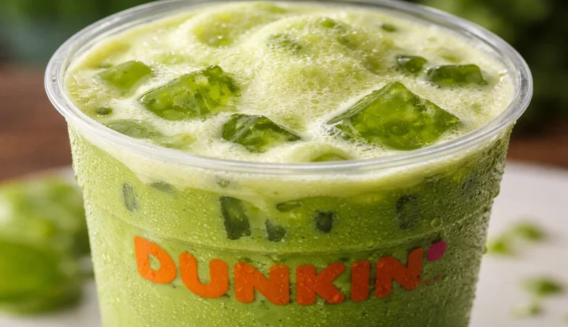 Creamy iced matcha latte texture close up green tea drink