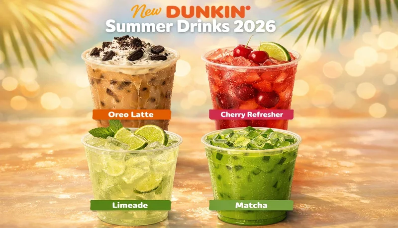 oreo iced coffee Dunkin summer menu 2026 with cherry refresher and limeade drinks