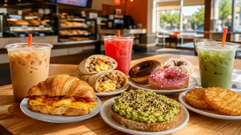 Dunkin Donuts food menu items including breakfast sandwiches donuts and iced coffee
