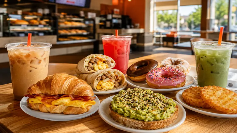 Dunkin Donuts food menu items including breakfast sandwiches donuts and iced coffee