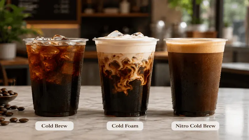 Dunkin Cold Brew Menu: Prices, Calories, Caffeine & Nutrition 2 Three Dunkin Cold Brew drinks showing classic Cold Brew, Cold Brew with Cold Foam, and Nitro Cold Brew options