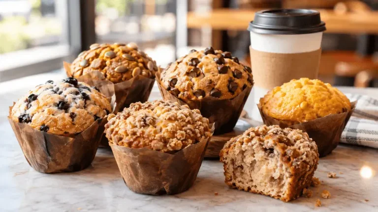 Assorted Dunkin Donuts muffins including blueberry, pumpkin, chocolate chip, coffee cake, and corn