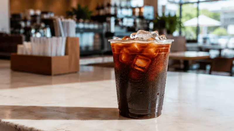 Dunkin iced coffee with ice in a clear cup on a café table.