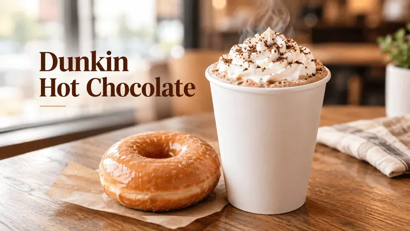 Dunkin Donuts Hot Chocolate served warm with whipped cream and a donut