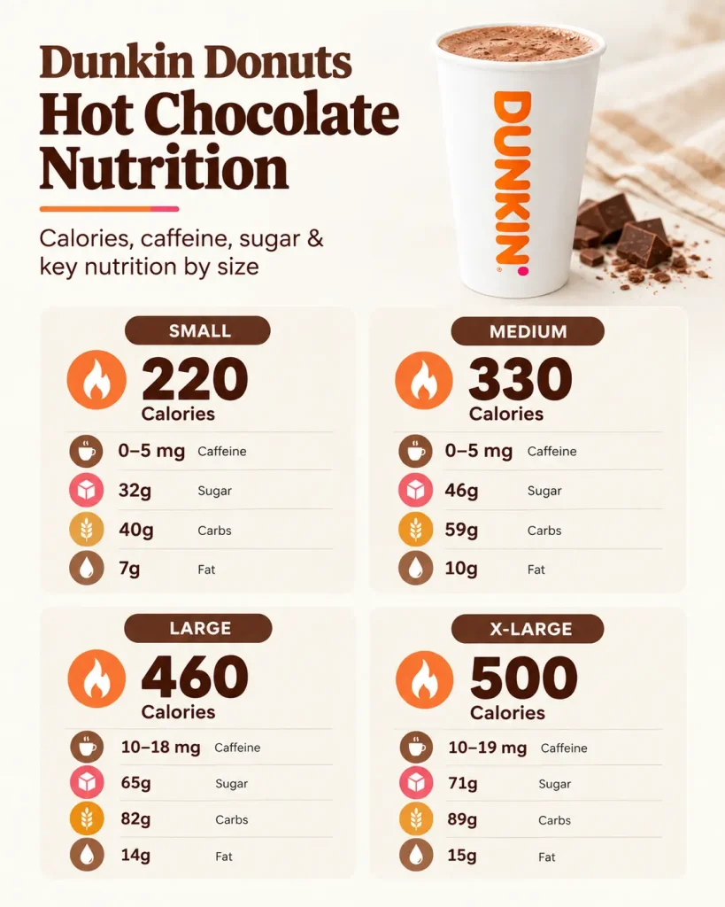 Dunkin Donuts Hot Chocolate nutrition showing calories, caffeine, sugar, carbs and fat by size