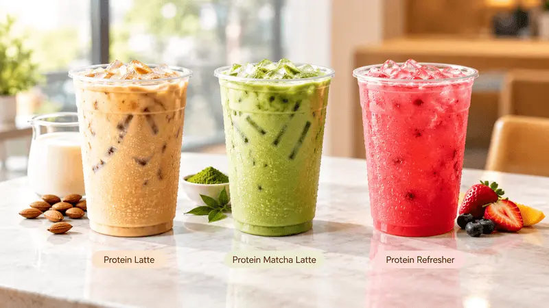 Dunkin Protein Drinks including Protein Latte, Protein Matcha Latte, and Protein Refresher